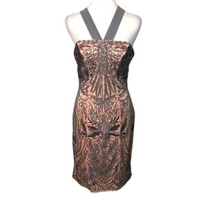 NWPT Sue Wong Womens 6 Pink & Gray Corded Lace Feminine Halter Mini Dress